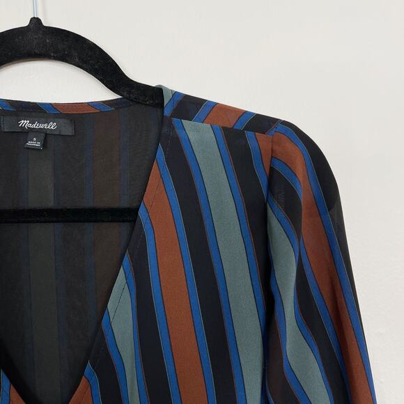 Madewell Sheer Sleeve Top in Academy Stripe Small Black Blue Green Copper Blouse - Picture 3 of 10